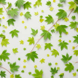 A unique light gray page background filled with lush green tree leaves scattered throughout