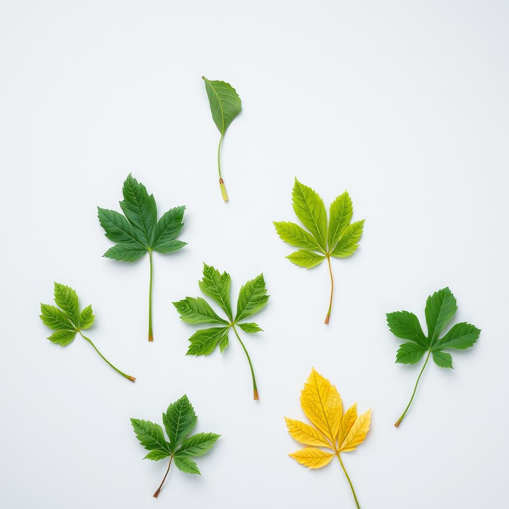 A unique light gray page background featuring exactly five green tree leaves artistically arranged