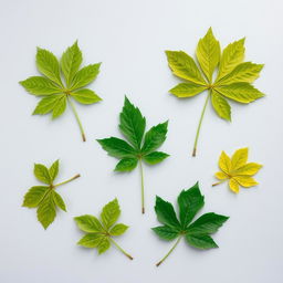 A unique light gray page background featuring exactly five green tree leaves artistically arranged