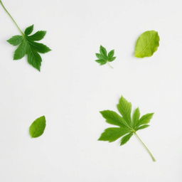 A unique light gray page background featuring exactly five green tree leaves artistically arranged