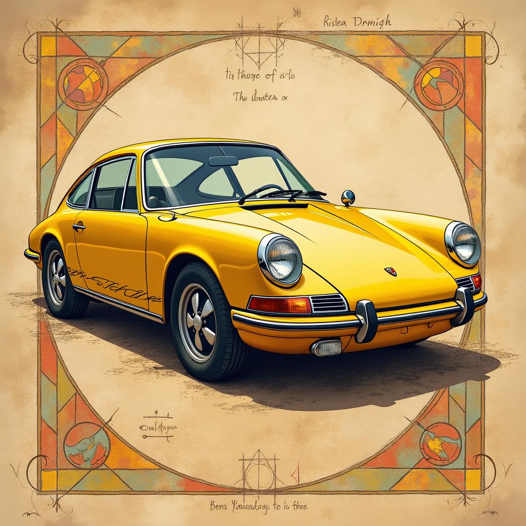 A vintage Porsche 911 classic car illustrated in the style of Leonardo da Vinci, featuring intricate details resembling Da Vinci's sketches, with annotations in his handwriting