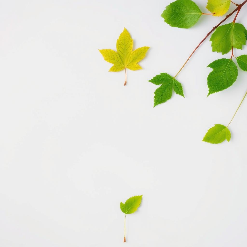 A unique light gray page background featuring five green tree leaves arranged in an off-center layout