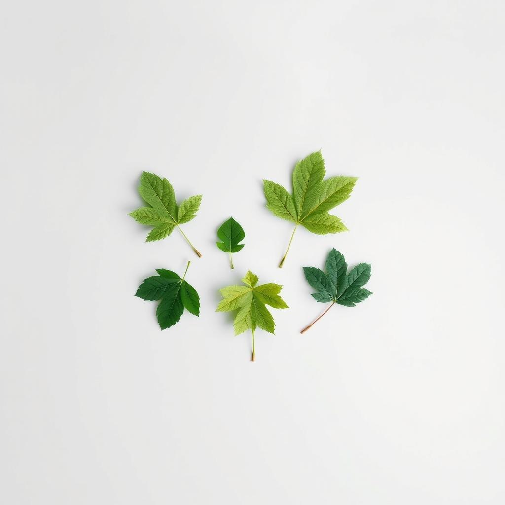 A unique light gray page background featuring five green tree leaves arranged in an off-center layout