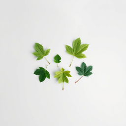 A unique light gray page background featuring five green tree leaves arranged in an off-center layout