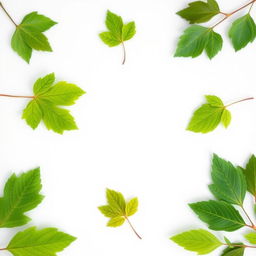 A unique light gray page background featuring five green tree leaves arranged in an off-center layout