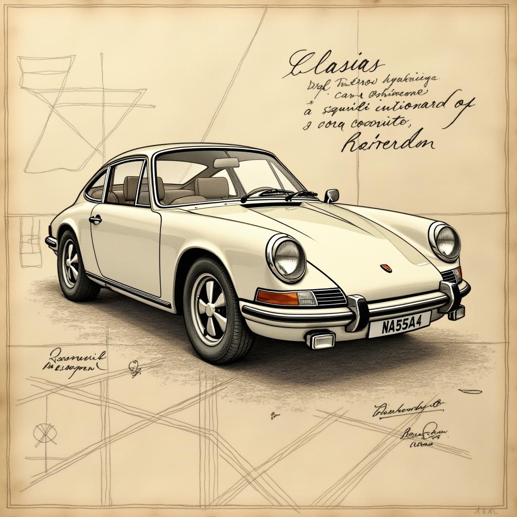 A vintage Porsche 911 classic car illustrated as detailed pencil art in the style of Leonardo da Vinci, featuring intricate sketches and shading that mimic Da Vinci's technique