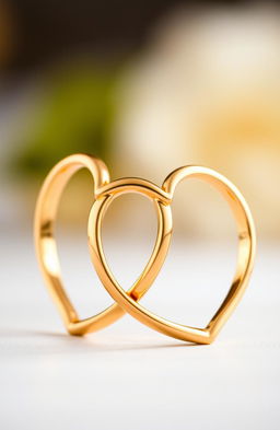 A pair of intertwined gold rings shaped like hearts, showcasing intricate detailing and a polished finish