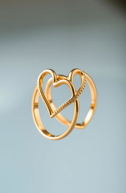 A pair of intertwined gold rings shaped like hearts, showcasing intricate detailing and a polished finish