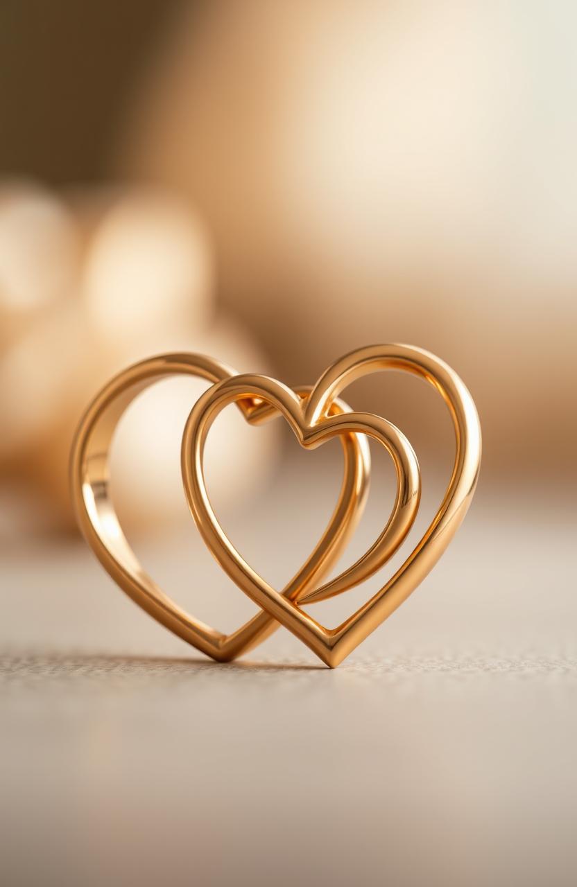 A pair of intertwined gold rings shaped like hearts, showcasing intricate detailing and a polished finish