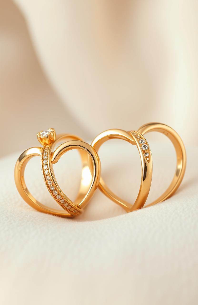 Intertwined gold rings shaped like hearts, showcasing elegant and intricate designs