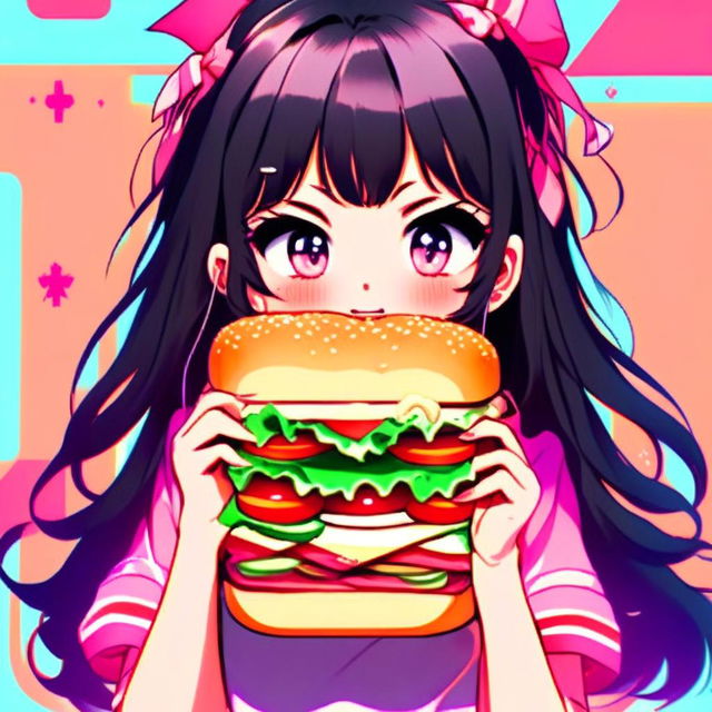 Anime profile picture featuring a furious yet humorous girl with vibrant eyes and wild black hair, holding an oversized sandwich against a pastel gradient background, encased by a pulsing neon border.