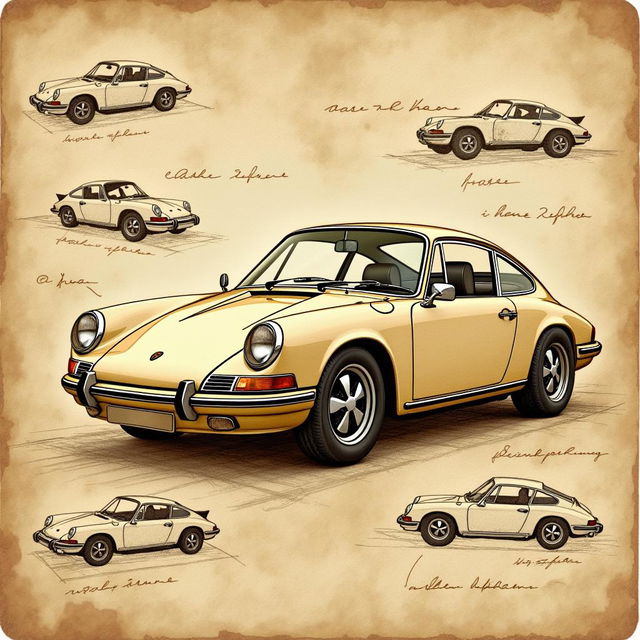 A vintage Porsche 911 classic car depicted as if it is in an open sketchbook, illustrated in the style of Leonardo da Vinci