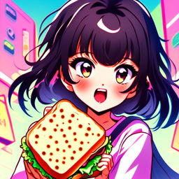 Anime profile picture featuring a furious yet humorous girl with vibrant eyes and wild black hair, holding an oversized sandwich against a pastel gradient background, encased by a pulsing neon border.