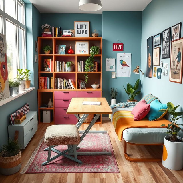 A cozy and modern room designed for young people, featuring a stylish folding desk that can be easily stored when not in use