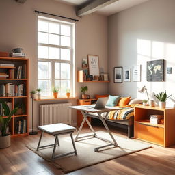 A cozy and modern room designed for young people, featuring a stylish folding desk that can be easily stored when not in use