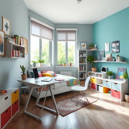 A cozy and modern room designed for young people, featuring a stylish folding desk that can be easily stored when not in use