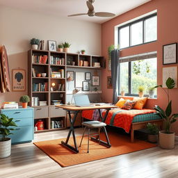 A cozy and modern room designed for young people, featuring a stylish folding desk that can be easily stored when not in use