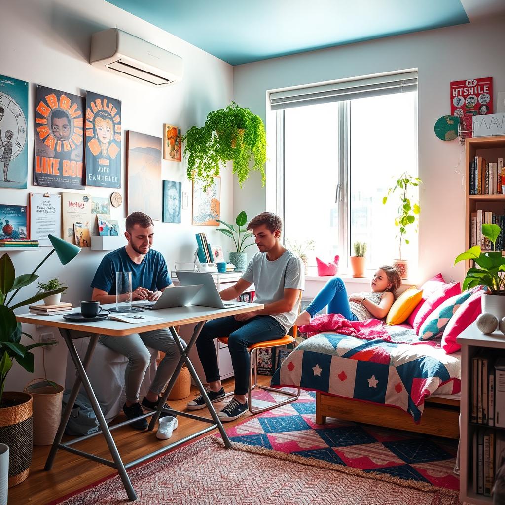 A vibrant and lively room designed for young people, featuring two young adults engaging in activities