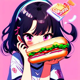 Anime profile picture featuring a furious yet humorous girl with vibrant eyes and wild black hair, holding an oversized sandwich against a pastel gradient background, encased by a pulsing neon border.