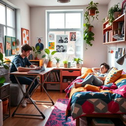 A vibrant and lively room designed for young people, featuring two young adults engaging in activities