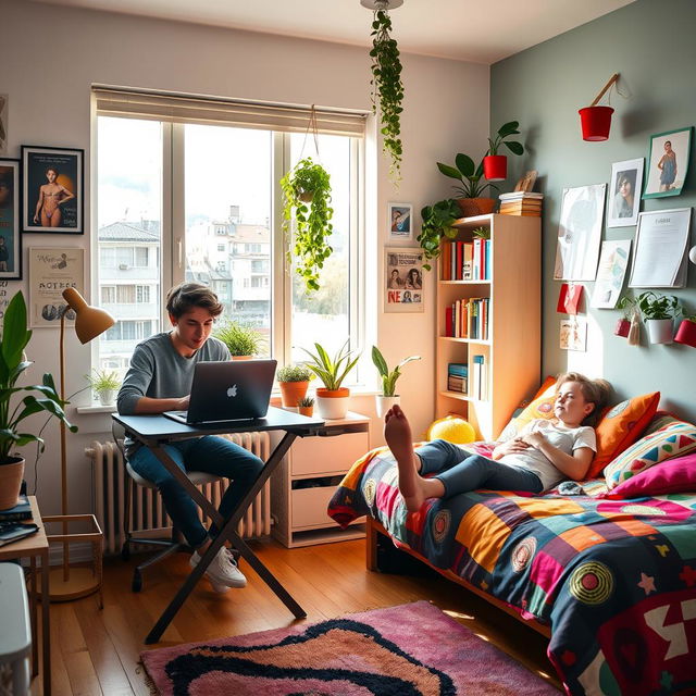 A vibrant and lively room designed for young people, featuring two young adults engaging in activities