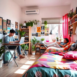 A vibrant and lively room designed for young people, featuring two young adults engaging in activities