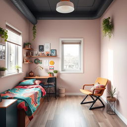 A stylish and modern room designed for young people, featuring a vibrant color palette and contemporary decor