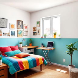 A stylish and modern room designed for young people, featuring a vibrant color palette and contemporary decor