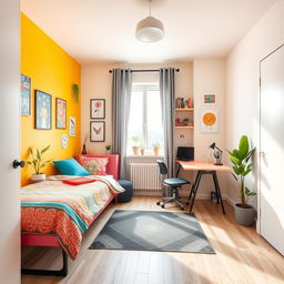 A stylish and modern room designed for young people, featuring a vibrant color palette and contemporary decor