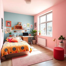 A stylish and modern room designed for young people, featuring a vibrant color palette and contemporary decor