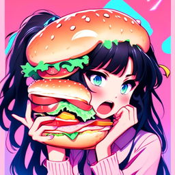 Anime profile picture featuring a furious yet humorous girl with vibrant eyes and wild black hair, holding an oversized sandwich against a pastel gradient background, encased by a pulsing neon border.