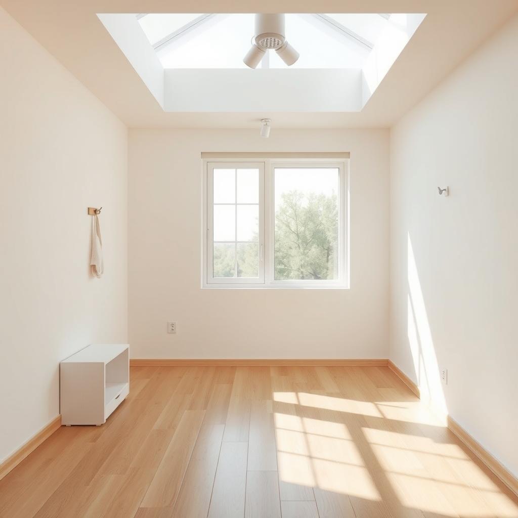 An empty and unfurnished room designed for young people, showcasing a minimalist aesthetic