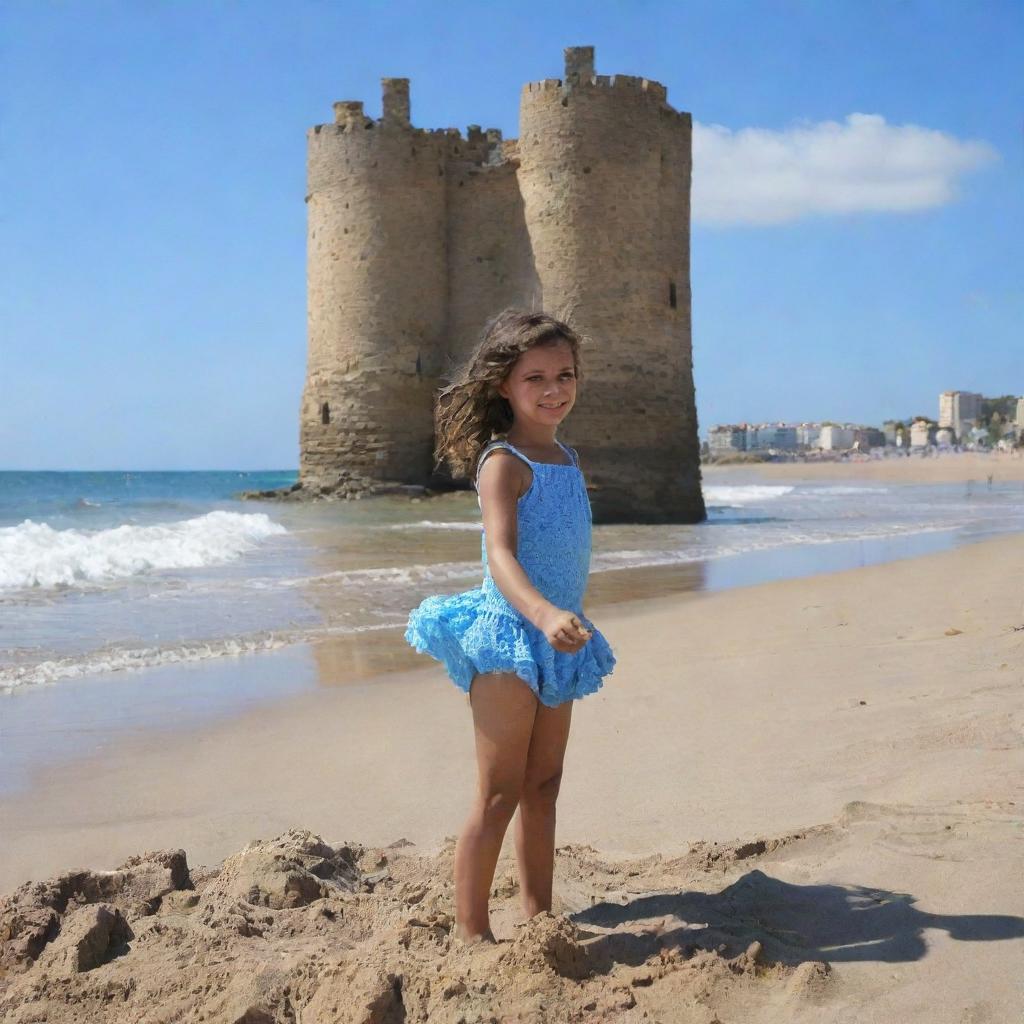 Una niña de 10 años disfrutando en una playa soleada, construyendo un castillo de arena cerca de las suaves olas del mar, con un cielo azul despejado por encima.