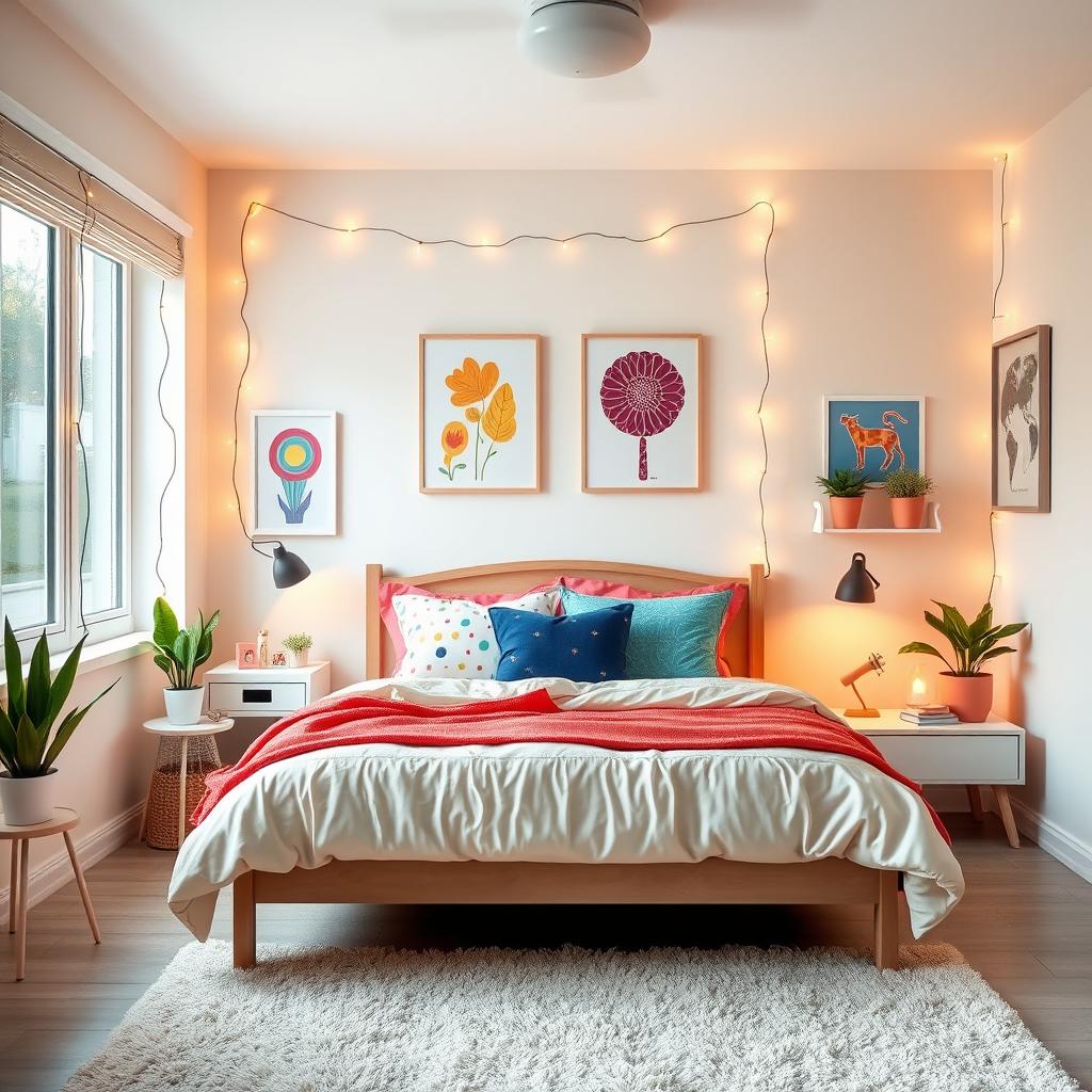 A youthful and stylish bedroom featuring a simple yet cozy bed as the centerpiece