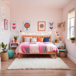 A youthful and stylish bedroom featuring a simple yet cozy bed as the centerpiece