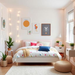 A youthful and stylish bedroom featuring a simple yet cozy bed as the centerpiece