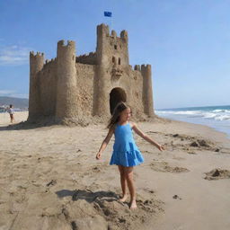 Una niña de 10 años disfrutando en una playa soleada, construyendo un castillo de arena cerca de las suaves olas del mar, con un cielo azul despejado por encima.