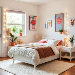 A youthful and stylish bedroom featuring a simple yet cozy bed as the centerpiece