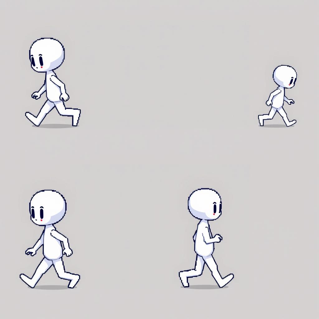 A single image showcasing a sprite sheet of a small white humanoid character in four distinct poses