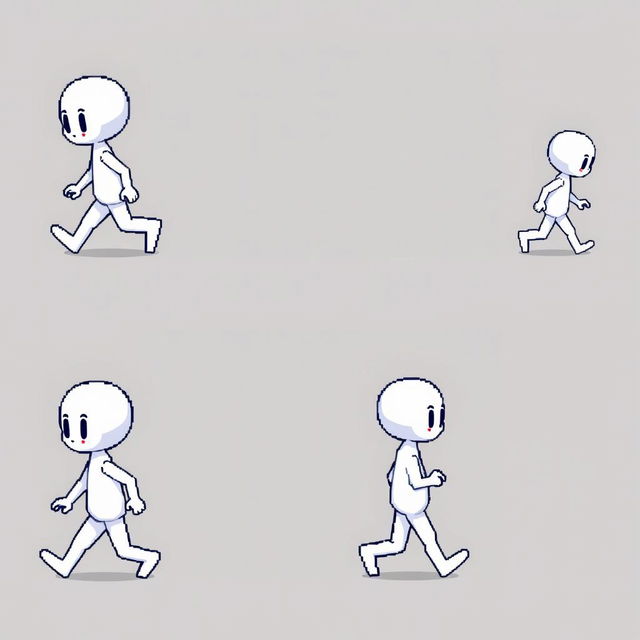 A single image showcasing a sprite sheet of a small white humanoid character in four distinct poses