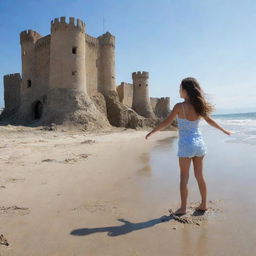 Una niña de 10 años disfrutando en una playa soleada, construyendo un castillo de arena cerca de las suaves olas del mar, con un cielo azul despejado por encima.