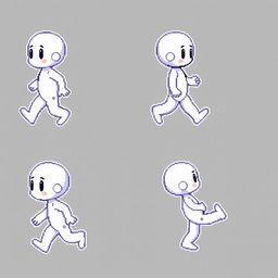 A single image showcasing a sprite sheet of a small white humanoid character in four distinct poses