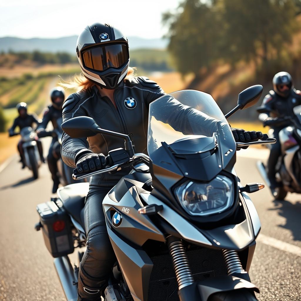 A perfect body woman riding a BMW 1200GS motorcycle, wearing a full face helmet, a stylish motorcycle jacket, motorcycle gloves, leather pants, and sturdy motorcycle boots