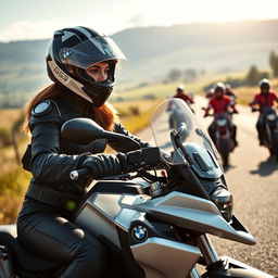 A perfect body woman riding a BMW 1200GS motorcycle, wearing a full face helmet, a stylish motorcycle jacket, motorcycle gloves, leather pants, and sturdy motorcycle boots