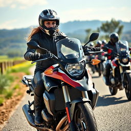 A perfect body woman riding a BMW 1200GS motorcycle, wearing a full face helmet, a stylish motorcycle jacket, motorcycle gloves, leather pants, and sturdy motorcycle boots