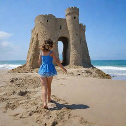 Una niña de 10 años disfrutando en una playa soleada, construyendo un castillo de arena cerca de las suaves olas del mar, con un cielo azul despejado por encima.