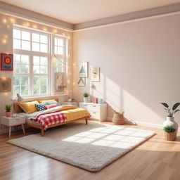 An isometric view of a stylish youth bedroom featuring a cozy bed with colorful bedding and decorative pillows as the centerpiece on the left side