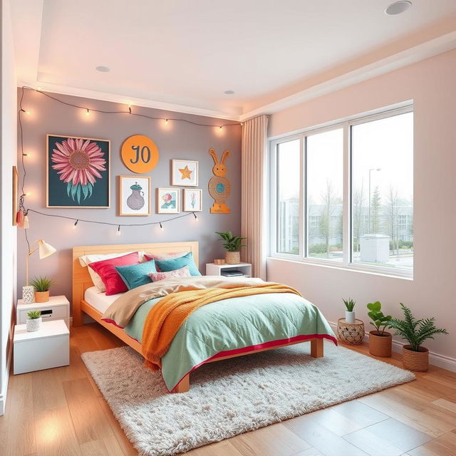 An isometric view of a stylish youth bedroom featuring a cozy bed with colorful bedding and decorative pillows as the centerpiece on the left side