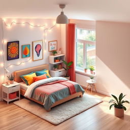 An isometric view of a stylish youth bedroom featuring a cozy bed with colorful bedding and decorative pillows as the centerpiece on the left side