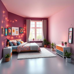 An isometric view of a stylish youth bedroom featuring a cozy bed with colorful bedding and decorative pillows as the centerpiece on the left side